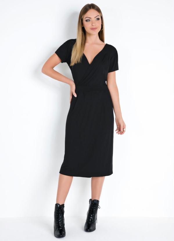 Quintess - Vestido Decote Transpassado Mangas Curtas Preto