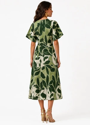 Infinita Cor - Vestido Decote V e Manga Ampla Godê Verde - INFINITA COR
