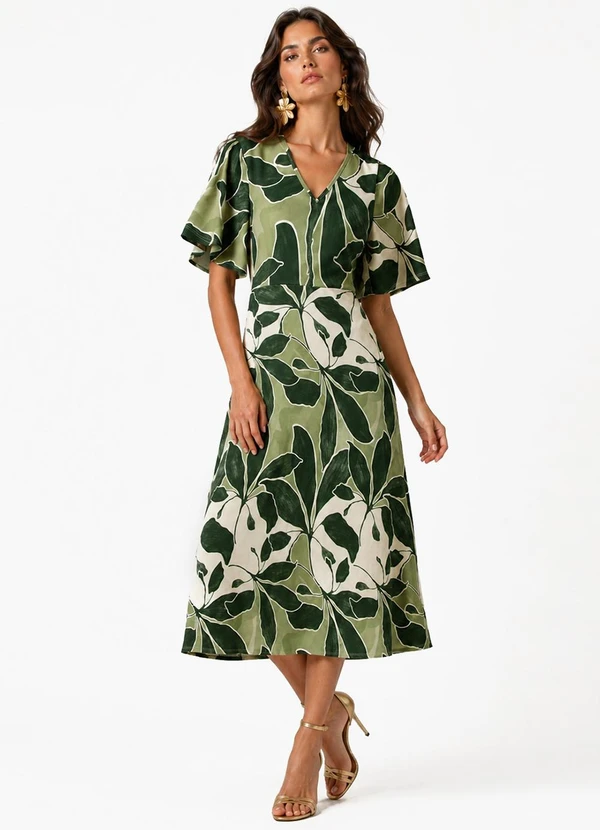 Infinita Cor - Vestido Decote V e Manga Ampla Godê Verde