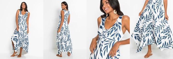 Vestido Decote V Estampado Azul Marinho/Branco