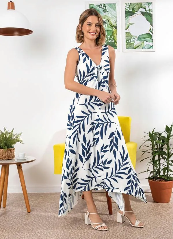 bonprix Vestido Decote V Estampado Azul Marinho/Branco