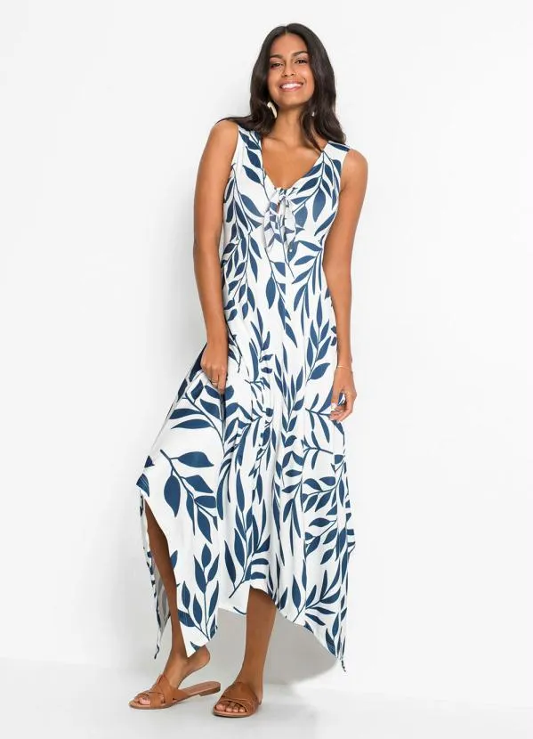 bonprix - Vestido Decote V Estampado Azul Marinho/Branco 5