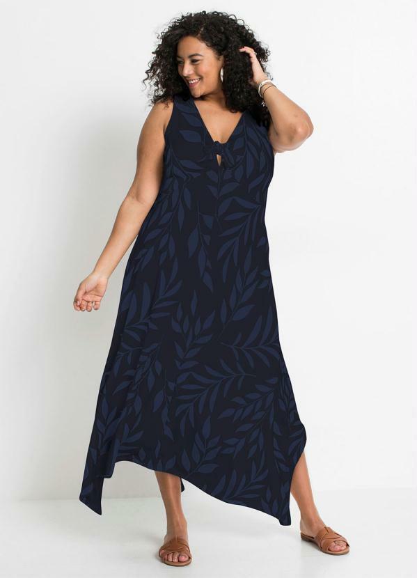 bonprix - Vestido Decote V Estampado Azul Marinho/Preto