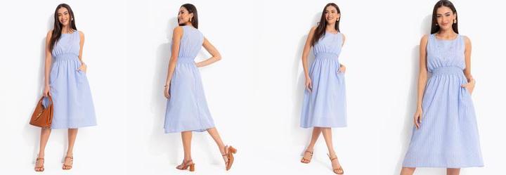 Vestido Devor� Azul em com Poli�ster e Algod�o
