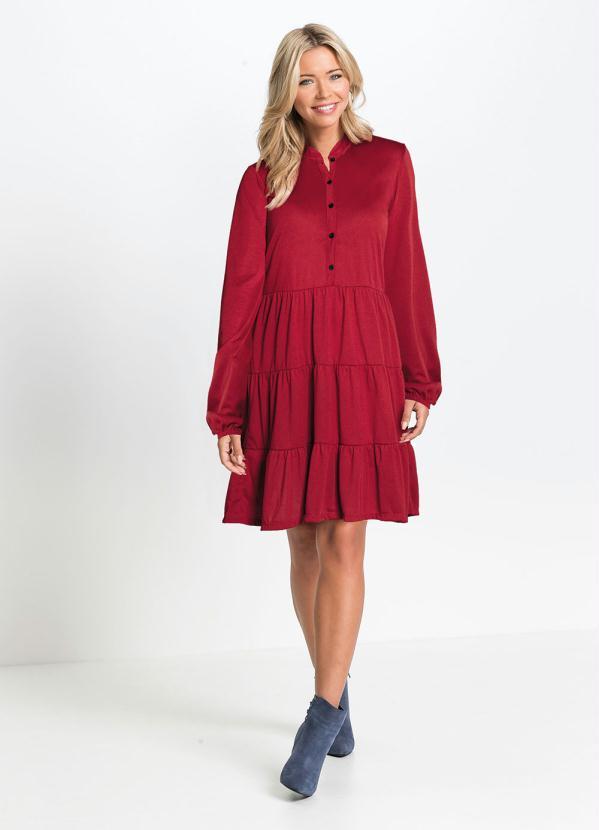 Outlet - Vestido em Camadas Mangas Longas Vermelho 5