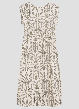 Cereja Rosa - Vestido em Tecido Plano Linho Estampado Bege - CEREJA ROSA