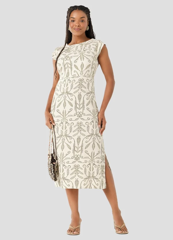 Cereja Rosa - Vestido em Tecido Plano Linho Estampado Bege