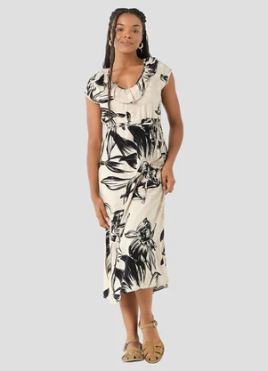 Cereja Rosa - Vestido em Tecido Plano Viscose Estampa Preto - CEREJA ROSA