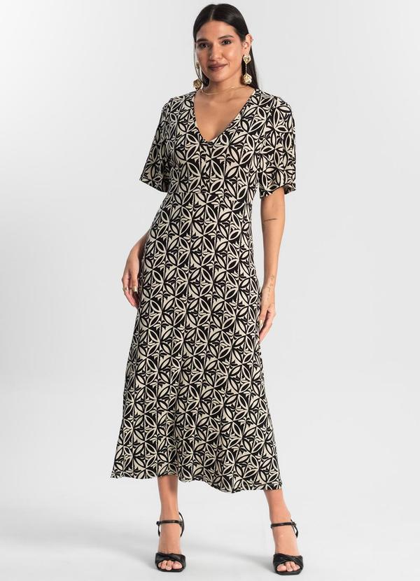 Rovitex - Vestido Estampado Feminino Midi Preto