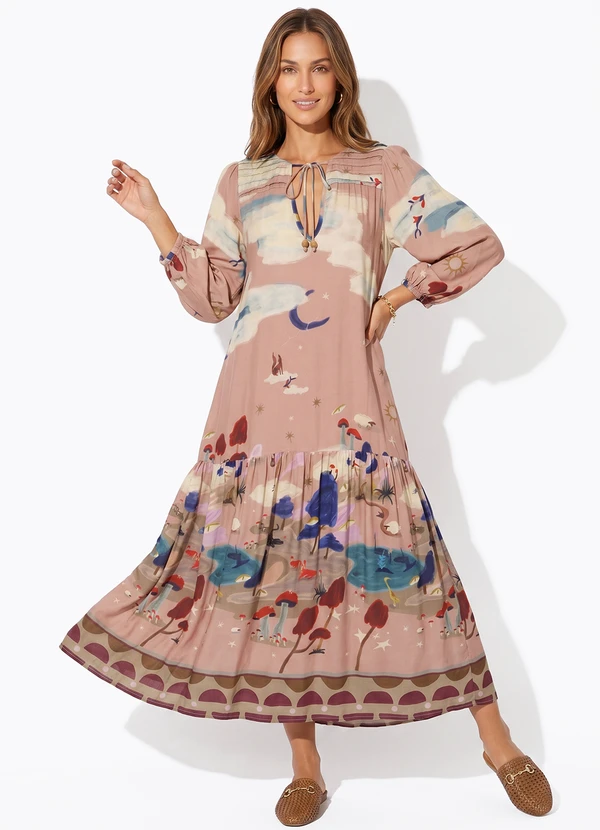 Cantão - Vestido Estampado Ilha dos Sonhos Bege