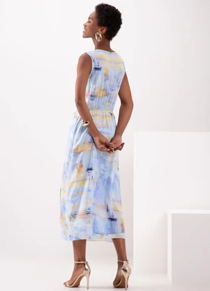 Lunender - Vestido Estampado Midi com Torção no Decote Azul - LUNENDER