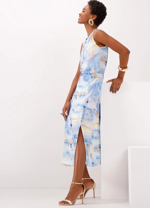 Lunender - Vestido Estampado Midi com Torção no Decote Azul