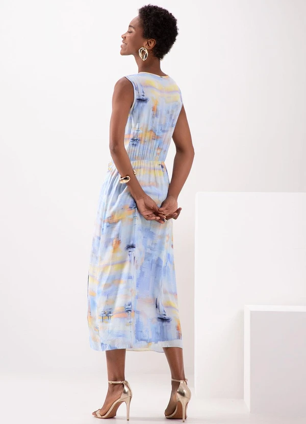 Lunender - Vestido Estampado Midi com Torção no Decote Azul 2