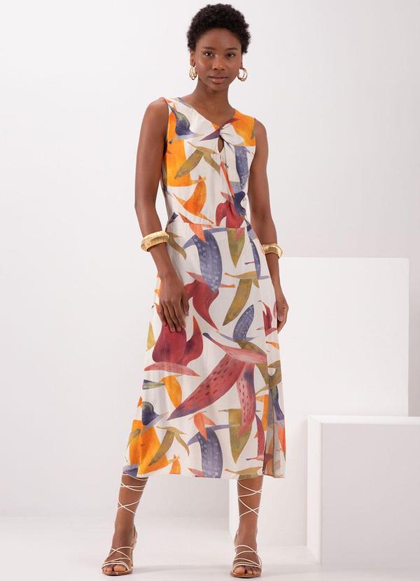 Lunender - Vestido Estampado Midi com Torção no Decote Bege