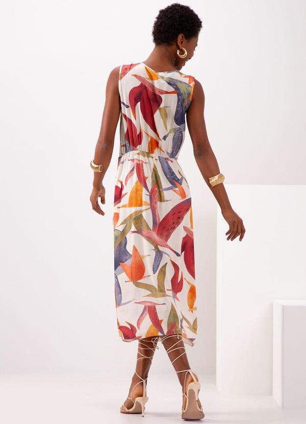 Lunender - Vestido Estampado Midi com Torção no Decote Bege 2