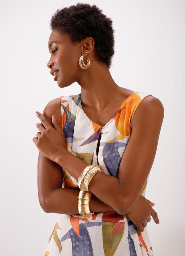 Lunender - Vestido Estampado Midi com Torção no Decote Bege 3