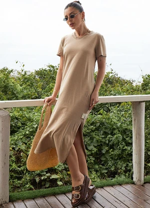 Hiatto Confecção - Vestido Estonado Midi Bege - HIATTO CONFECÇÃO