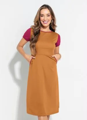 Queima Estoque - Vestido Evasê Caramelo e Bordô Moda Evangélica - QUEIMA ESTOQUE