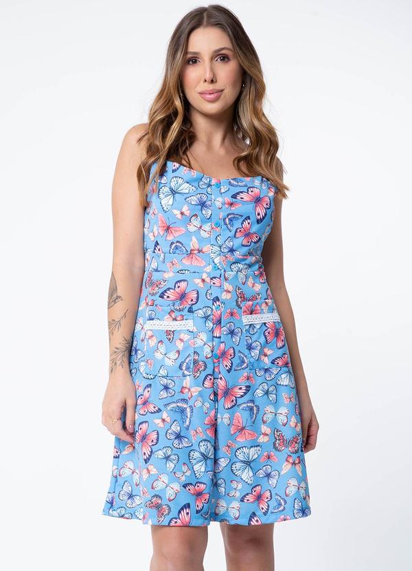 Misiss - Vestido Evasê com Bolso Iara Borboletas Azul