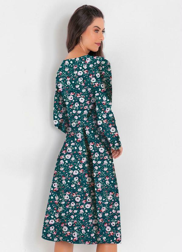 Rosalie - Vestido Evasê Floral Verde Moda Evangélica 2