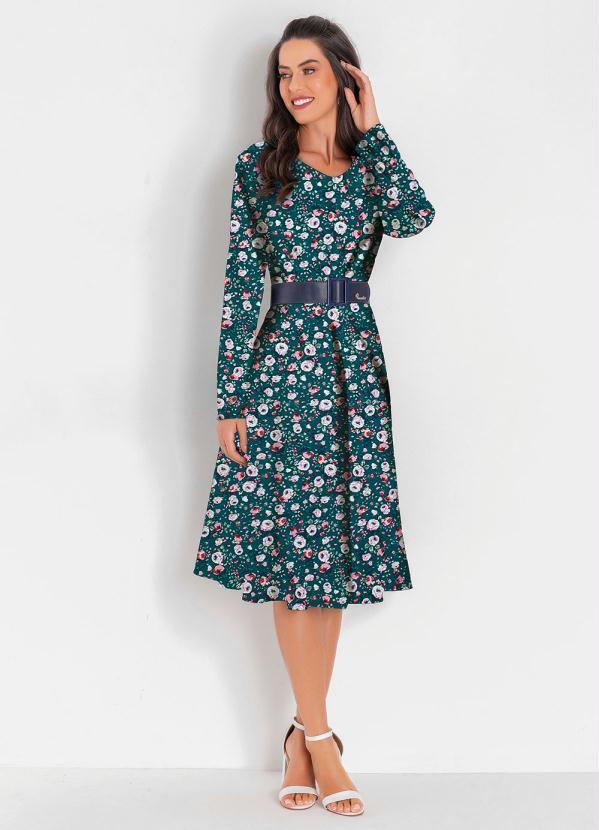 Rosalie - Vestido Evasê Floral Verde Moda Evangélica 4