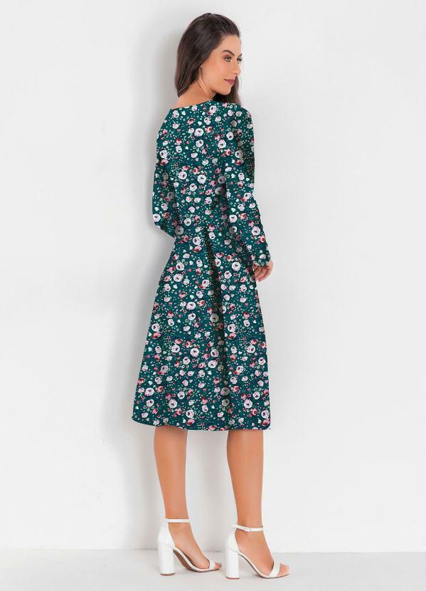 Rosalie - Vestido Evasê Floral Verde Moda Evangélica 5