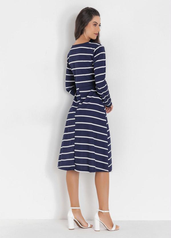 Rosalie - Vestido Evasê Listras Marinho Moda Evangélica 2