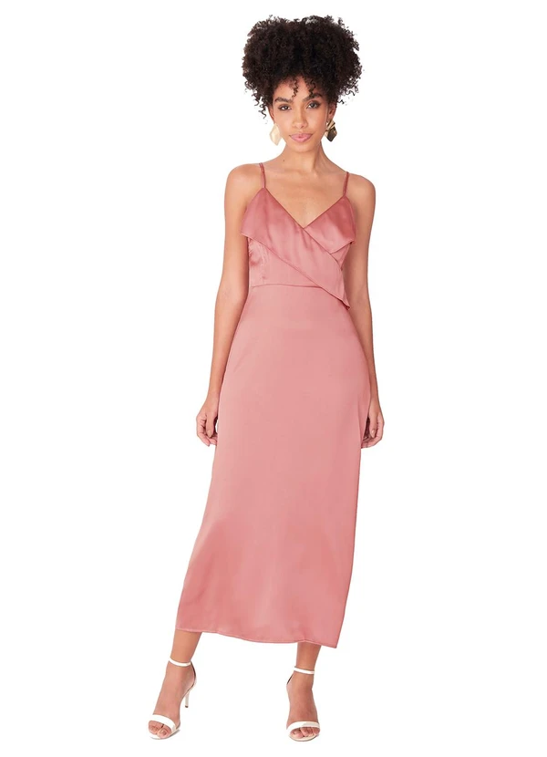 Enfim - Vestido Evasê Mídi em Cetim Rosê