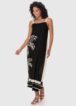 Malwee - Vestido Evasê Mídi Tropical Preto - MALWEE