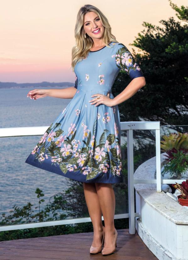 Rosalie - Vestido Evasê Moda Evangélica Floral Barrado 6