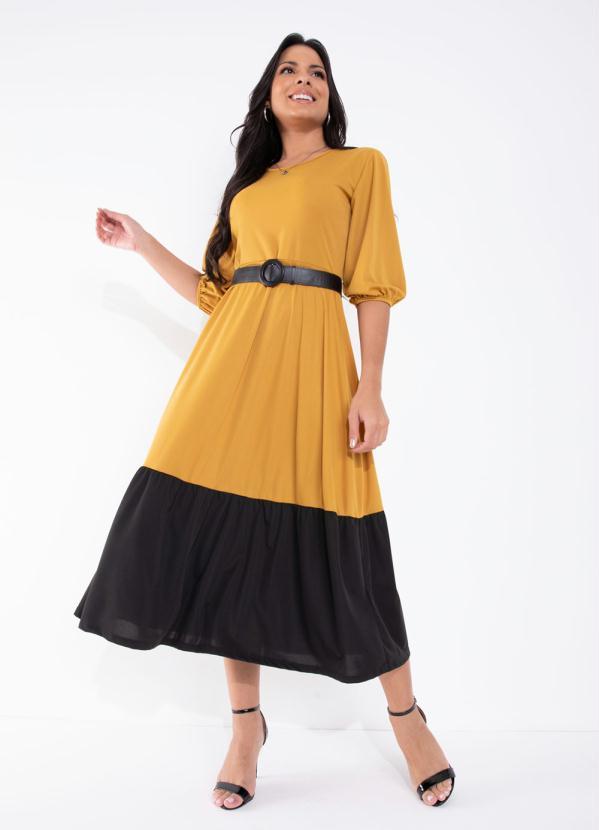 Rosalie - Vestido Evasê Preto e Mostarda Moda Evangélica