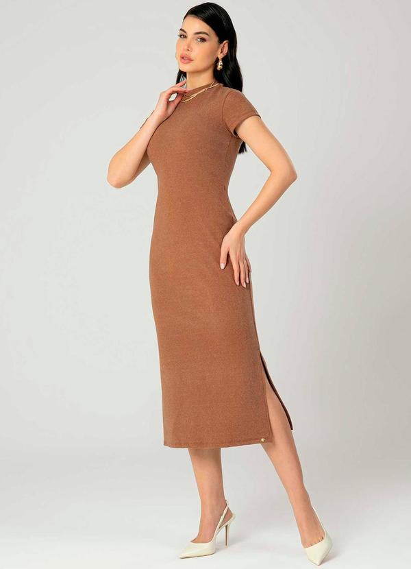 Gris - Vestido Feminino Adulto de Gola Alta Bege