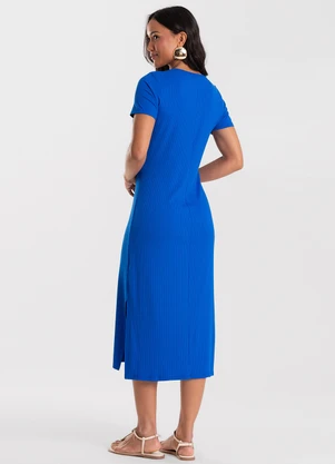 Rovitex - Vestido Feminino Básico Midi em Ribana Azul - ROVITEX
