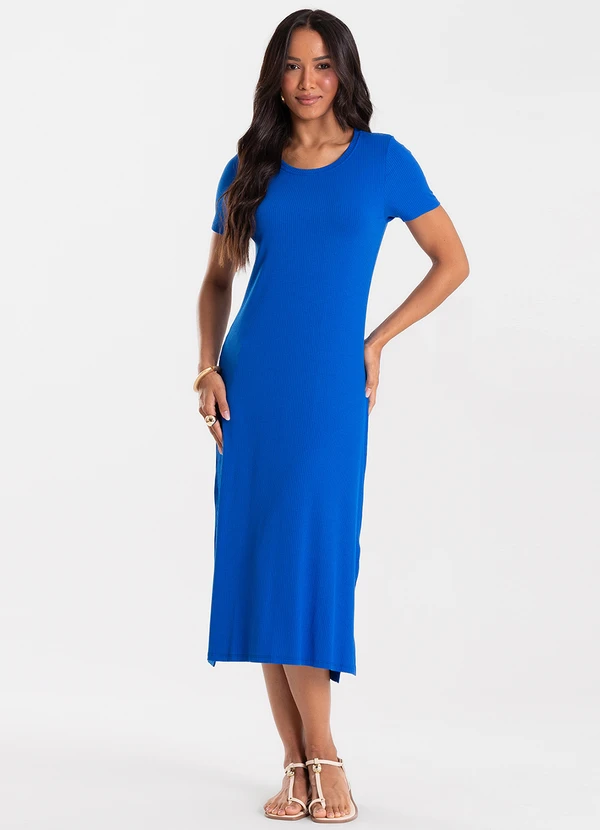 Rovitex - Vestido Feminino Básico Midi em Ribana Azul