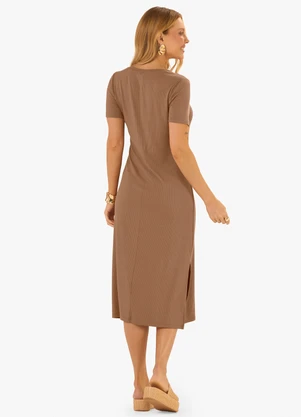 Rovitex - Vestido Feminino Básico Midi em Ribana Marrom - ROVITEX