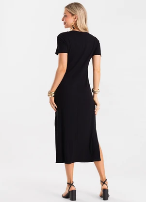 Rovitex - Vestido Feminino Básico Midi em Ribana Preto - ROVITEX