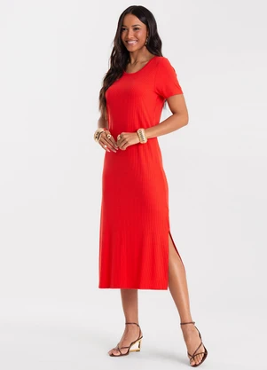 Rovitex - Vestido Feminino Básico Midi em Ribana Vermelho - ROVITEX