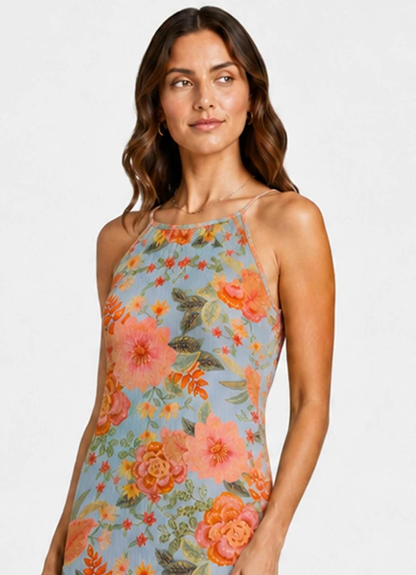Select - Vestido Feminino Canelado Azul