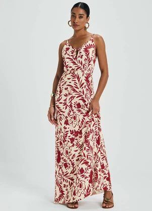 Marialícia - Vestido Feminino Longo Floral Viscose Bege - MARIALÍCIA