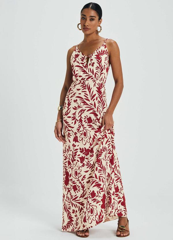 Marialícia - Vestido Feminino Longo Floral Viscose Bege