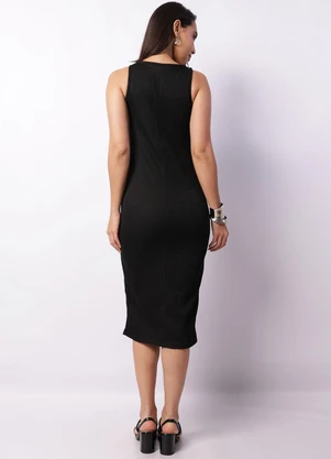 Torra - Vestido Feminino Midi Canelado Preto - TORRA