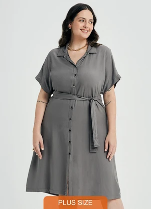 Marialícia - Vestido Feminino Midi Chemise com Faixa Cinza - MARIALÍCIA