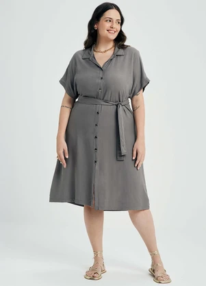 Marialícia - Vestido Feminino Midi Chemise com Faixa Cinza - MARIALÍCIA