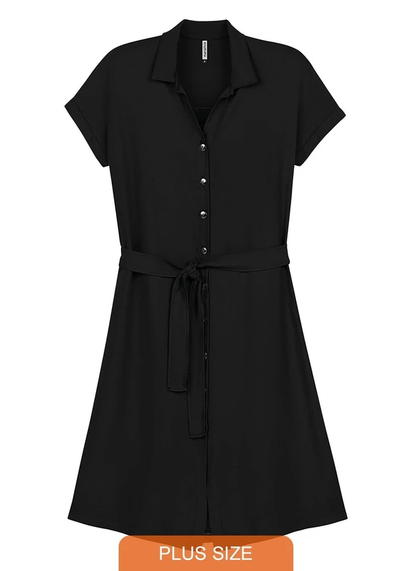 Marialícia - Vestido Feminino Midi Chemise com Faixa Preto
