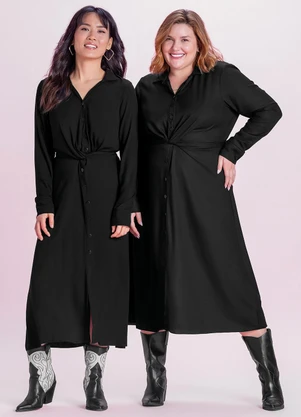 Marialícia - Vestido Feminino Midi com Amarração Preto - MARIALÍCIA