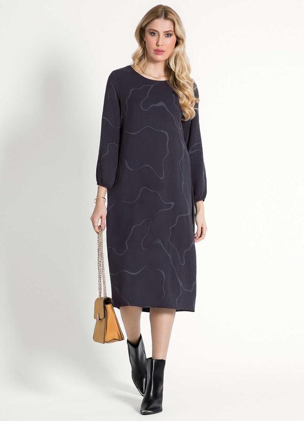 Habana - Vestido Feminino Midi de Manga Longa Preto