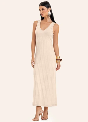 Endless - Vestido Feminino Midi Decote em V Bege - ENDLESS