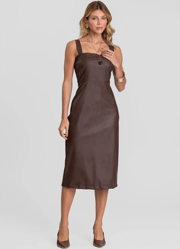 Dianna - Vestido Feminino Midi em Courino Basic Marrom