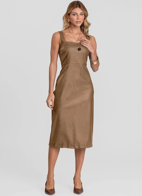 Dianna - Vestido Feminino Midi em Courino Basic Marrom