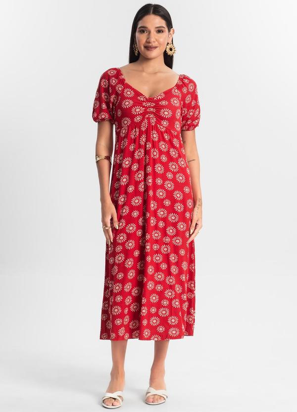 Rovitex - Vestido Feminino Midi Estampado Vermelho